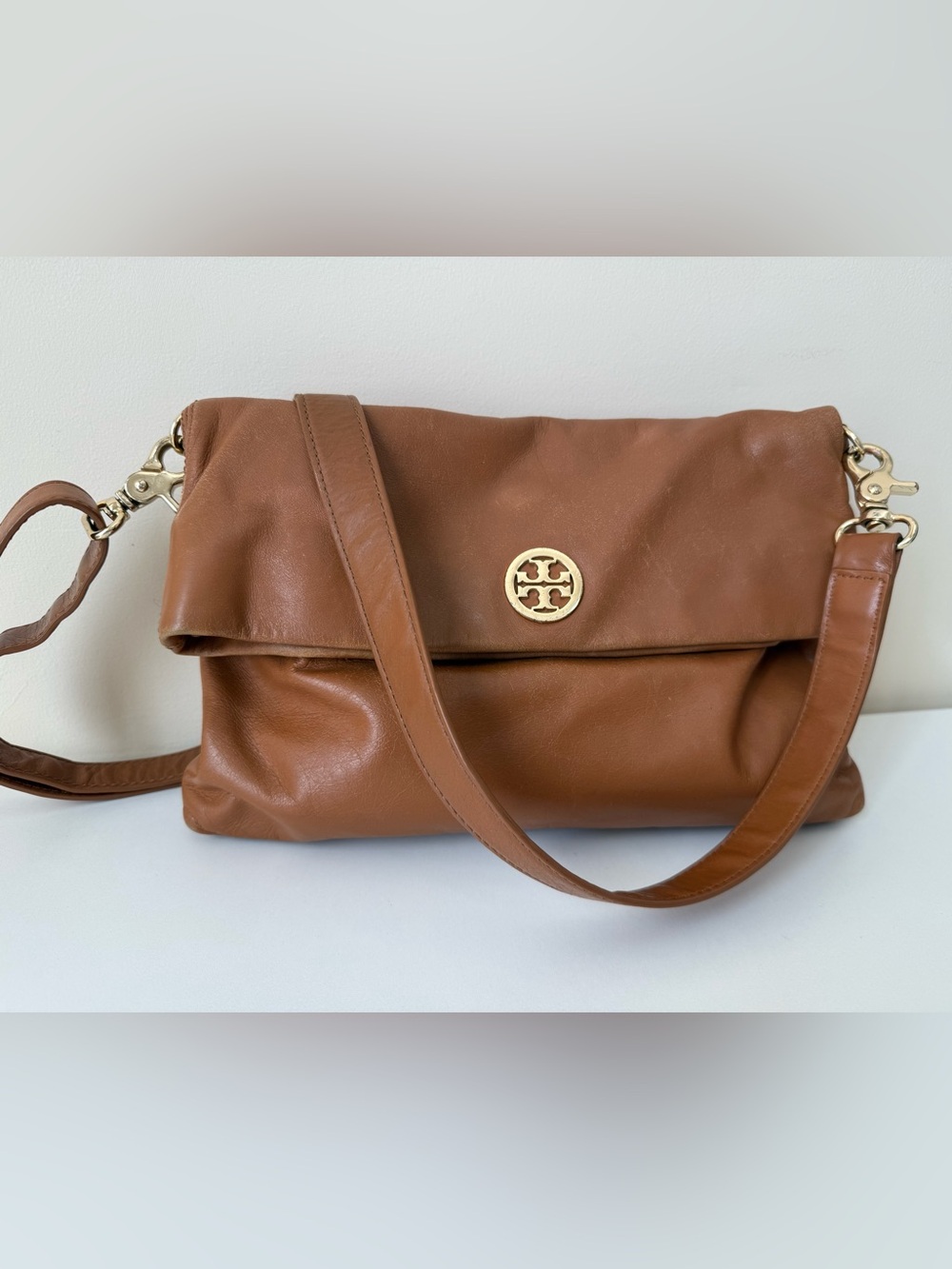 Tory Burch Dena 3-way purse Crossbody Fld Cognac Leather Y2K Clutch Shoulder Bag - Picture 2 of 14